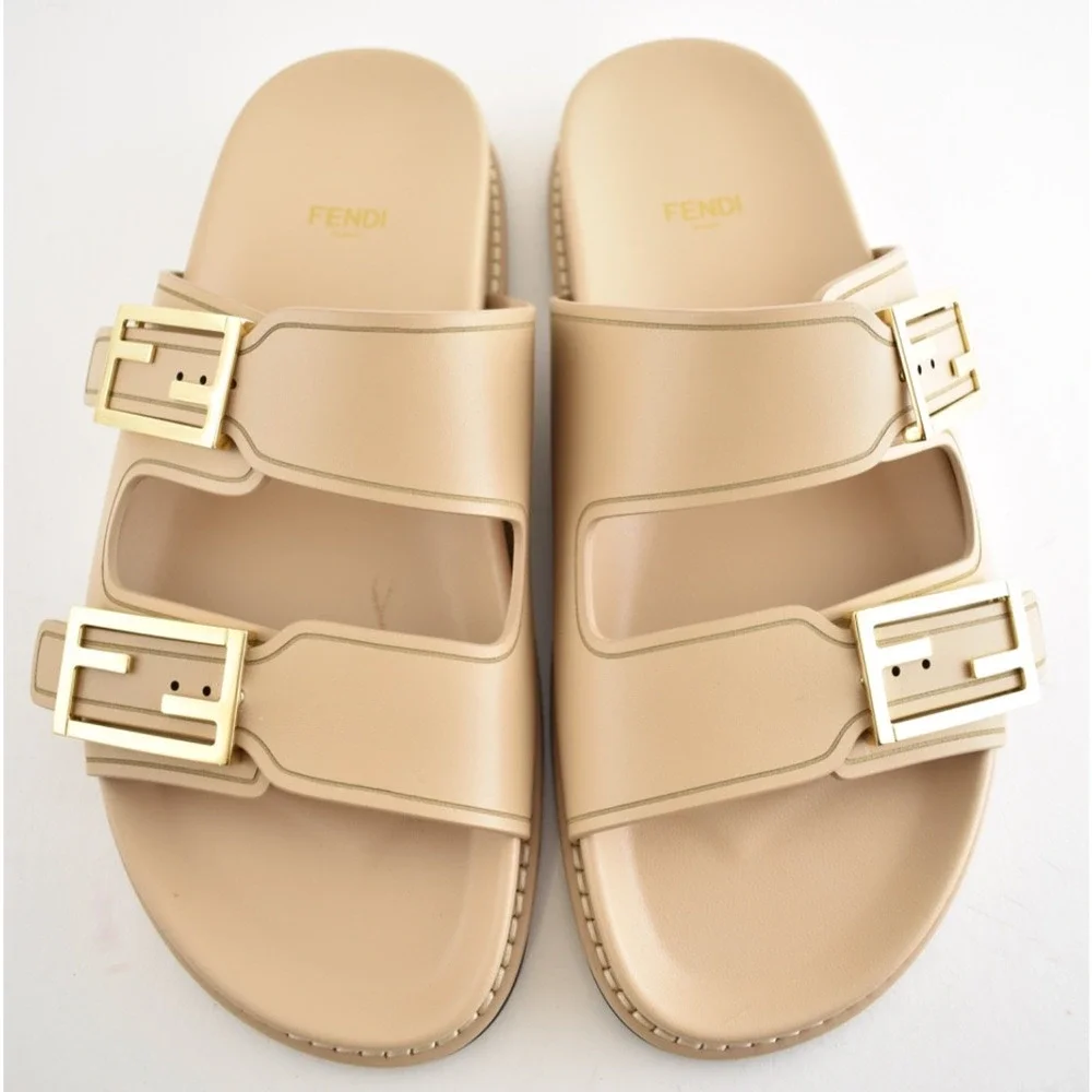 Fendi Feel Dual Strap Beige Leather Gold Logo Buckle Mule Flat Sandal Slide 39.5